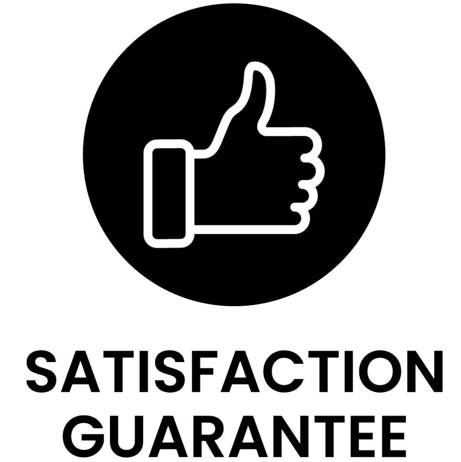 Monochrome logo featuring the words "Satisfaction Guarantee".