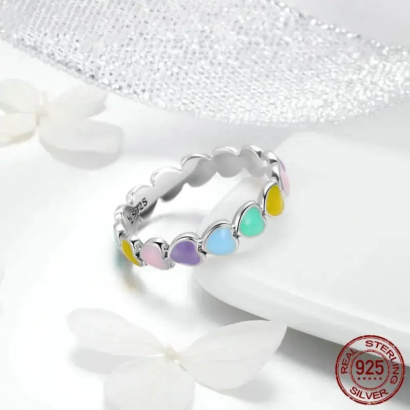 925 Sterling Silver Cute Rainbow Heart Finger Ring  IZER 