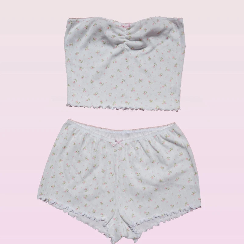 VintageVibe™️ Lace Trim Tube Top and Shorts Set  IZER 