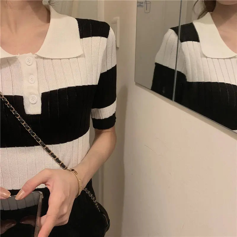 Striped Chic Knit Polo T-shirt  IZER 