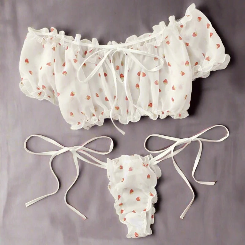 "Strawberry Sweetheart" Off-Shoulder Lingerie Set  IZER 