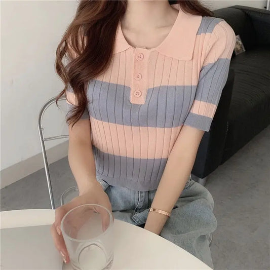 Striped Chic Knit Polo T-shirt  IZER 