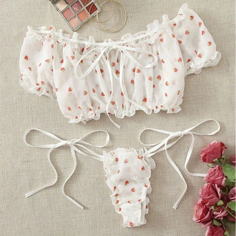 "Strawberry Sweetheart" Off-Shoulder Lingerie Set  IZER 