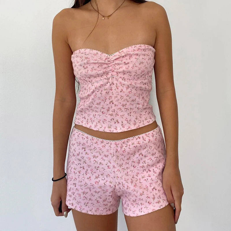 VintageVibe™️ Lace Trim Tube Top and Shorts Set  IZER 