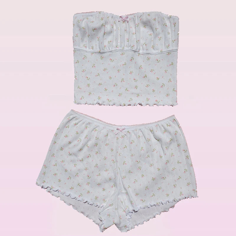 VintageVibe™️ Lace Trim Tube Top and Shorts Set  IZER 