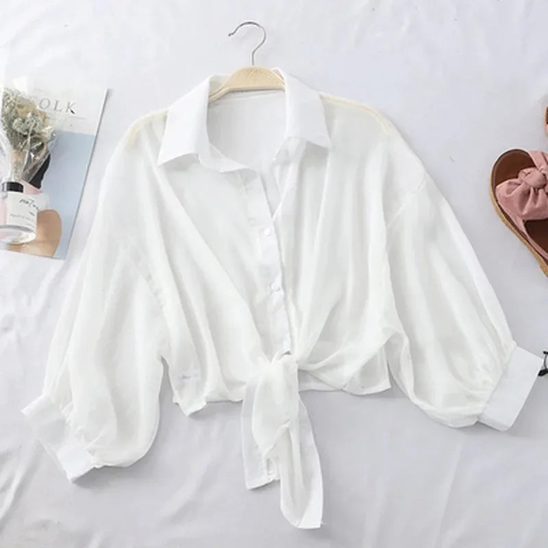 Elegant Breeze: Tied Waist Chiffon Blouse  IZER 