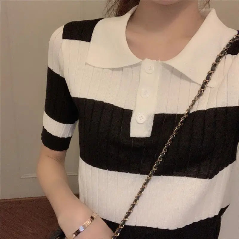 Striped Chic Knit Polo T-shirt  IZER 