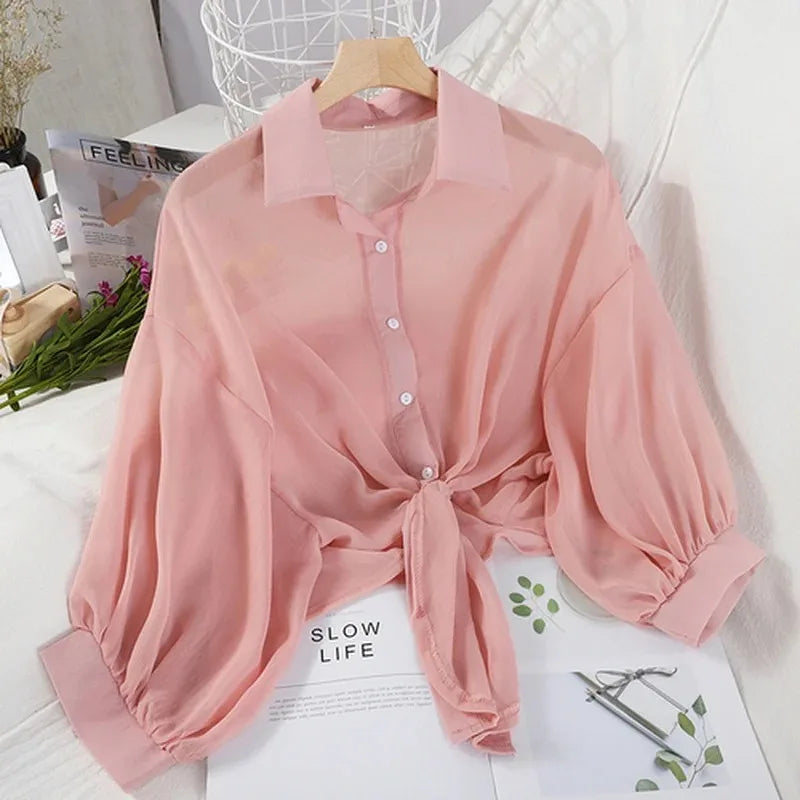 Elegant Breeze: Tied Waist Chiffon Blouse  IZER 