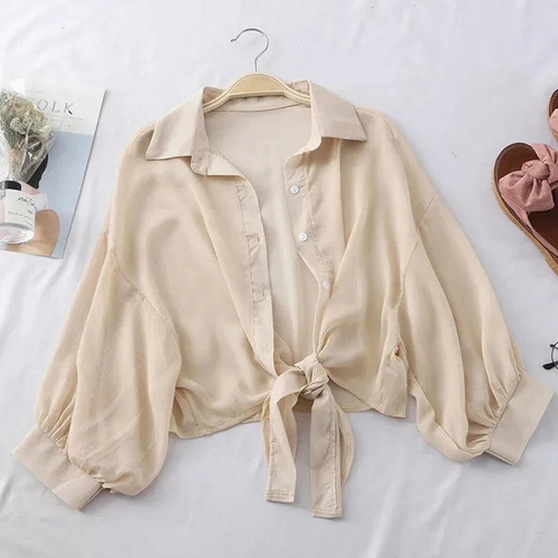 Elegant Breeze: Tied Waist Chiffon Blouse  IZER 