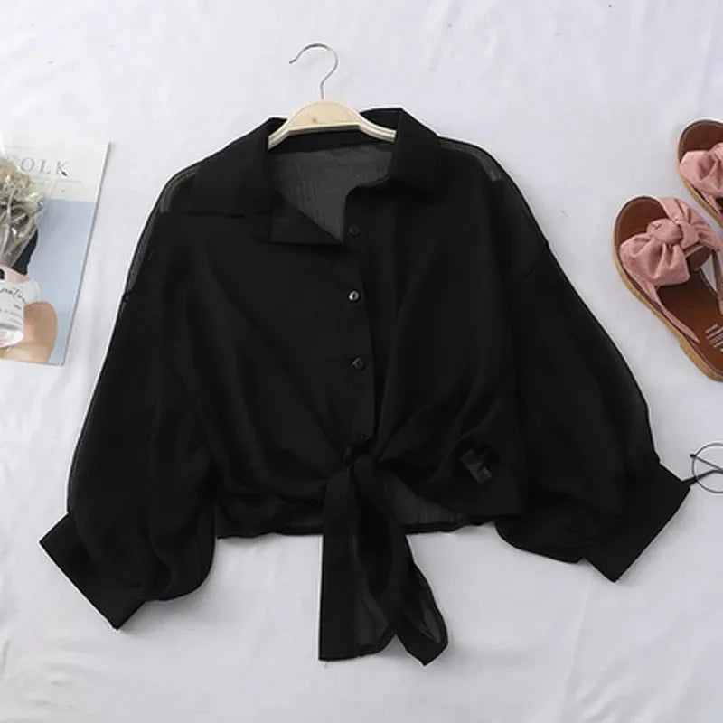 Elegant Breeze: Tied Waist Chiffon Blouse  IZER 