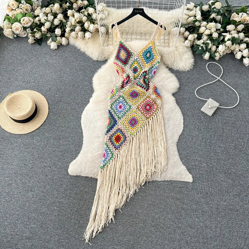 "Sunset Serenade" Bohemian Tassel Knit Dress  IZER 