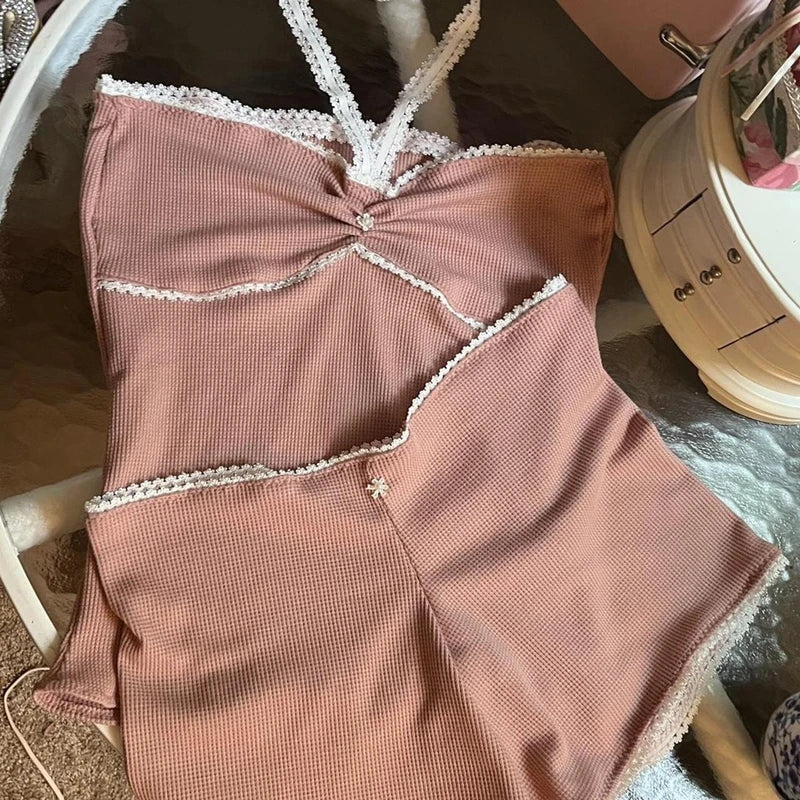 VintageVibe™️ Lace Trim Tube Top and Shorts Set  IZER 