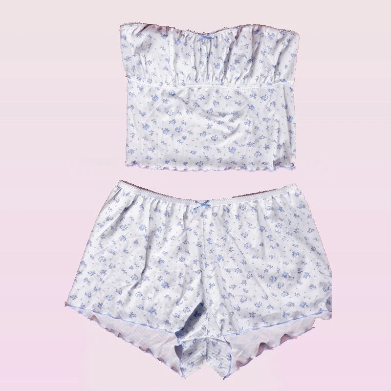 VintageVibe™️ Lace Trim Tube Top and Shorts Set  IZER 