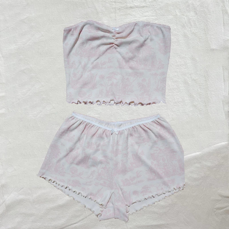 VintageVibe™️ Lace Trim Tube Top and Shorts Set  IZER 